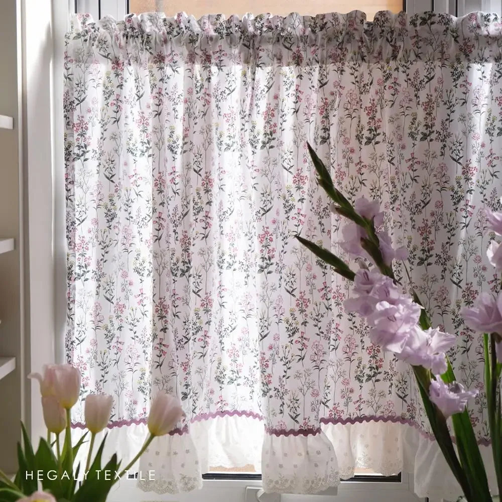 YICKYUE  -  Romance Printed Short Curtain with Embroidery White Ruffled Light Purple Plant Flower Patten Cotton Kitchen Curtains Home Decor