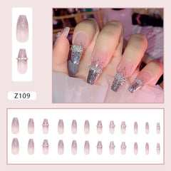 24Pcs Detachable Rhinestone Love Heart Ballerina False Nails Wearable Long Coffin Fake Nails Full Cover Nail Tips With Glue