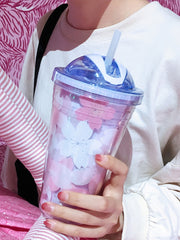 Kawaii Purple Pink Cherry Blossom Folding Straw Plastic Water Cup Cute Girl Student Portable Sealed Large Capacity Double Layer