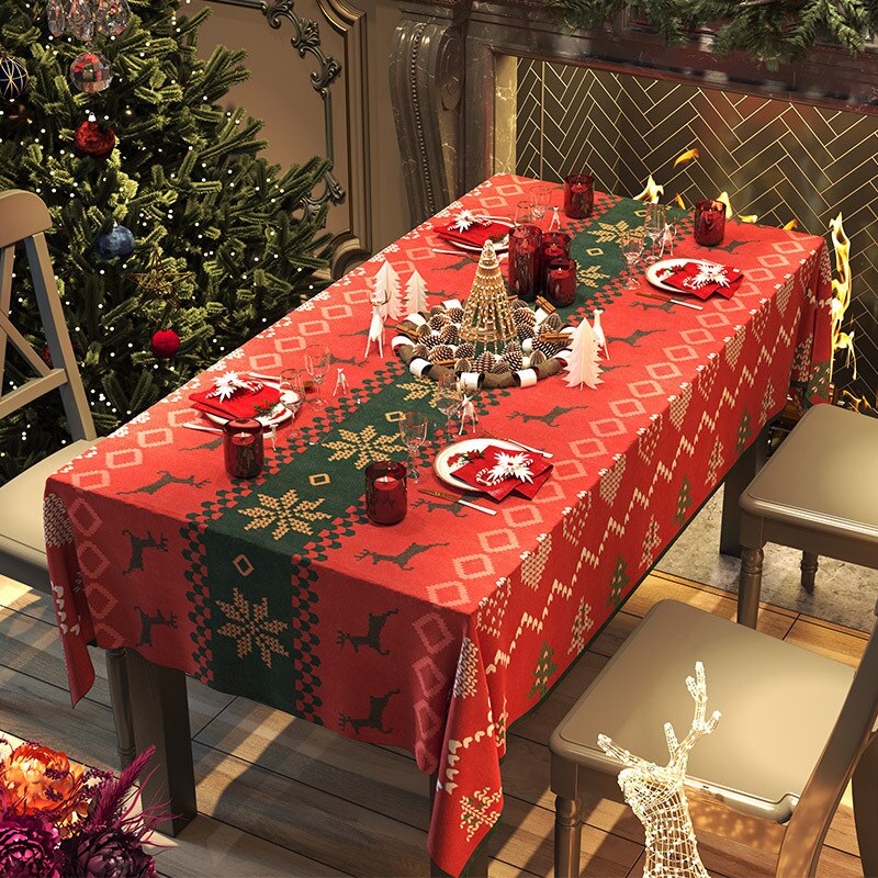 Yickyue Christmas Linen Tablecloth for Table Wedding Decoration Anti-stain Red Santa Elk Pattern Rectangular Tablecloths Table Cover