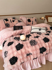 Yickyue French Luxury Faux Fur Warm Bedding Set Princess Style Coral Soft 4 Pieces Bed Sheet Double sided Plush Quilt Cover Fast Ship