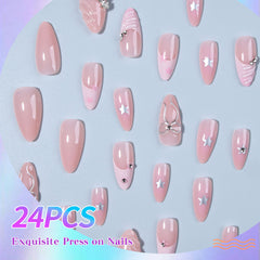 YICKYUE  -  24 pcs Pink French Tip Nails with 3D Vacuum Resin Bow and Crystal Design, Removable False Nails for Women and Girls, Full Covera