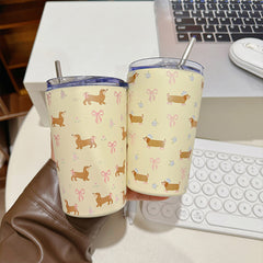 YICKYUE  -  360ml Cute Water Ice Coffee Cups  Sainless Steel Thermos With Straw Tumbler For Tea Beer Juice Kawaii  Thermal Drink Bottle Gift