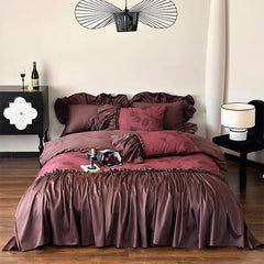 Yickyue Autumn and Winter French Vintage Brushed Cotton Bedding Sets, Pure Cotton, Red Quilt Cover, Four Piece Wedding Set with Ruffles