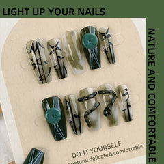 YICKYUE  -  Bamboo Shadow Snake Jade Handmade Press on Nails Wearing Armor, Chinese Style Gradient Dyeing, Dark Green Nail Art  Fake Nail