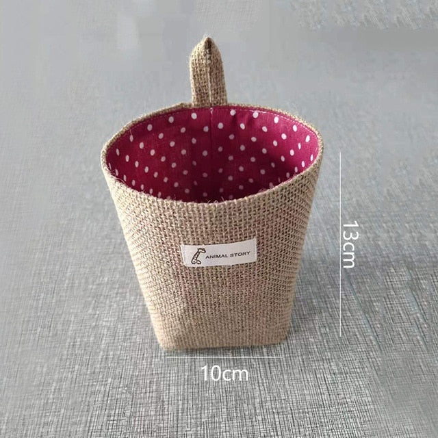 Jute Cotton Linen Bag Desktop Storage Basket Hanging Pocket Small Sack Sundries Storage Box With Handle Cosmetic Storage Bag