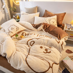 Super Soft Warm Cosy Flannel Velvet Fleece Cartoon Bear Embroidery Child Bedding Set Duvet Cover Flat/Fitted Sheet Pillowcases