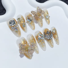YICKYUE  -  10Pcs Green Handmade Almond Press on Nails Cat Eye Summer Wearable False Nails Decoration Gradient Manicure Fake Nail Tips Art