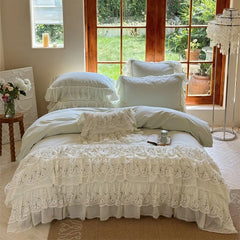 YICKYUE  -  Three-layer Floral Lace Ruffles Wedding Bedding Set 1000TC Egyptian Cotton Brushed  Duvet Cover Flat/Fitted Bed Sheet Pillowcase