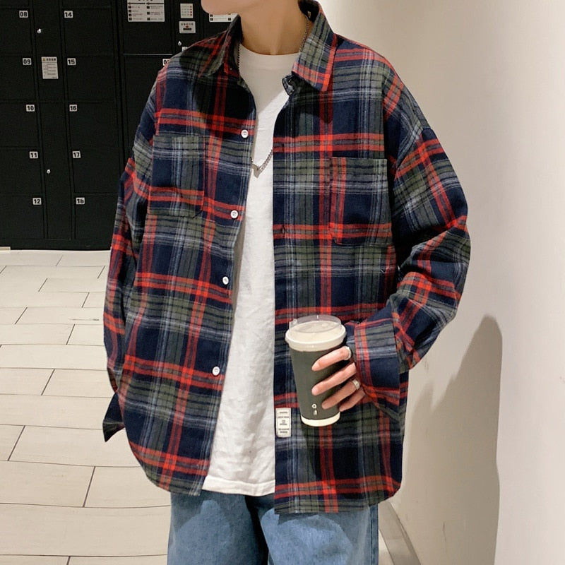 YICKYUE  -  Autumn Long Sleeved Shirt Men Fashion Oversized Plaid Shirt Men Streetwear Korean Loose Casual Shirts Mens Large Size M-5XL