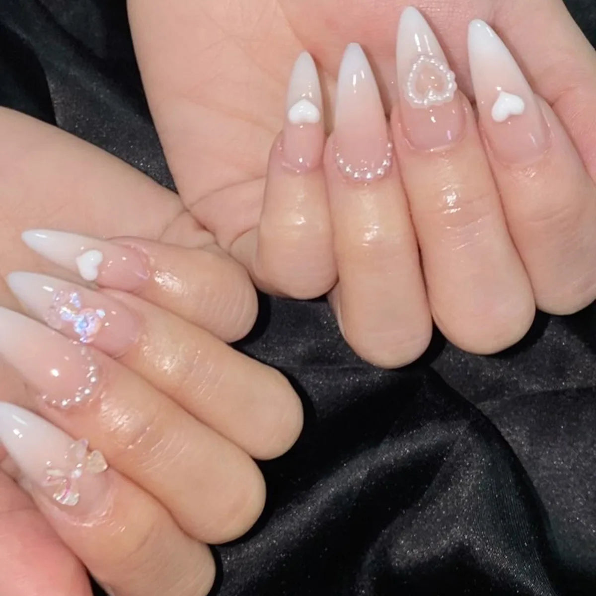 YICKYUE  -  Bowknot Ribbon Pearl Rhinestones Love Heart Press on Nails Japanese Korean Almond Shape Pink False Nail Detachable Fake Art Nail