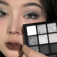 Yickyue Punk Smokey Eyeshadow Palette 9 Colors Matte Sequin Glitter Cool Toned Gray Black Eye Pigment Pearlescent Eyes Makeup Cosmetic
