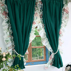 YICKYUE  -  Retro Green Cotton Linen Fabric Window Curtain with Flounced Lace, Customizable Drapes, Bedroom, Living Room, Home Decor