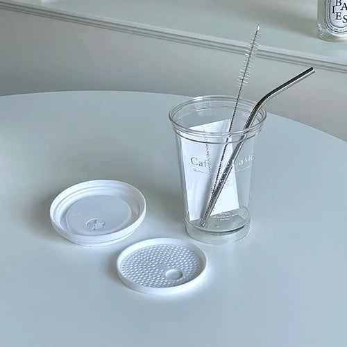 YICKYUE  -  Korean White Letter Coffee Cup Transparent Plastic Water Cup Accompanying Car Cup Coffee Mug Drinking Glasses