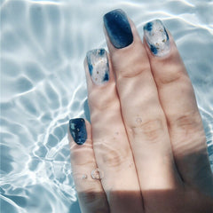 24Pcs Fashion Fake Nails with glue for women diy Nail Art Marble Blue Ocean smudge Designs Artificial Nail Tips false Nails TN