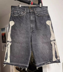 Hearujoy  90s Streetwear Y2K Street New Fashion Skeleton Embroidery Loose Shorts Men Retro Harajuku Pop Hip Hop Gothic High Waist Sports Denim Shorts