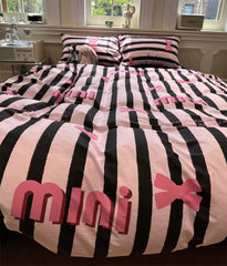 YICKYUE  Modern sweet cool stripes letter bedding set,twin full queen black pink cotton home textile bed sheet pillow case quilt cover