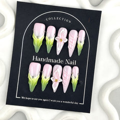 YICKYUE  -  Handmade Press on Nails Gradient Green Long pointed False Nails Wearable Full Cover 3D Flowers DIY Art Detachabe Fake Nail Tips