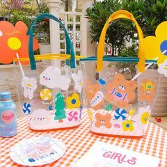 Korean Style Cute Rabbit Flower Clear Beach Bag Transparent Bag Bag Bag Mesh Beach Bag Net Red Girl Heart Single Shoulder Bag