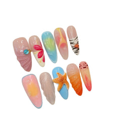 YICKYUE  -  10pcs Handmade Designer's New 3D Starfish Fake Nail Gloss Relief Press on Nails French Long Fake Nail Wearable Press On Nail