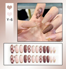 24Pcs Coffee Color Grids Rhombus Designs False Nail Full Cover Short Coffin Fake Nails with Glue Detachable Wearable Manicure