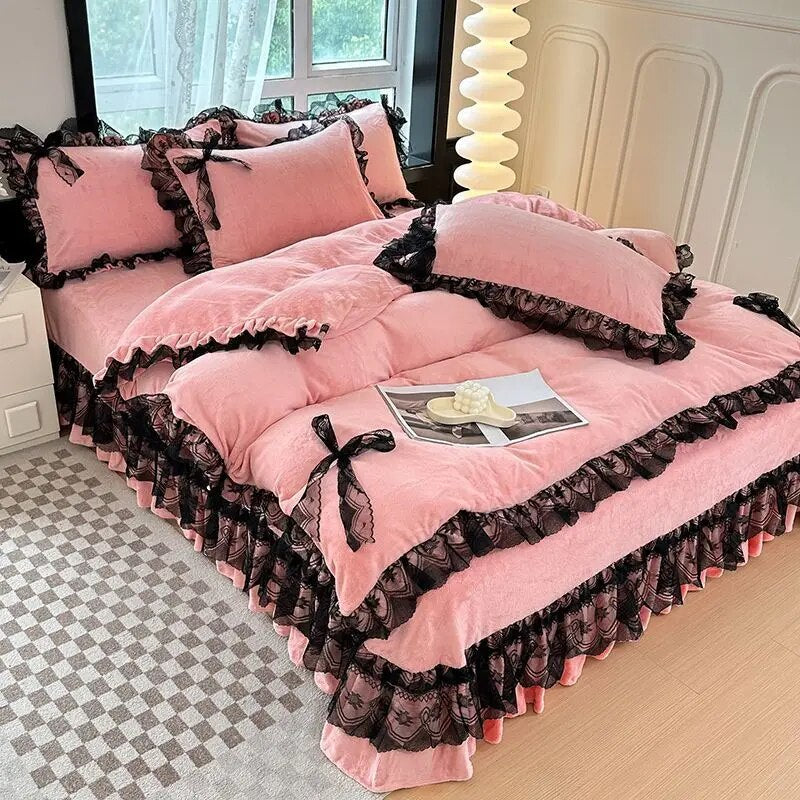 Yickyue Winter Thickened Warm Double-sided Plush Luxury Bed Linens Set Home Textiles Quilt Cover Sheet Pillowcase 4pcs Queen Bedding Set