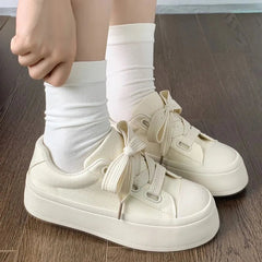 YICKYUE  -  Minimalist Style Canvas Shoes Solid Color Thick Sole Womens Casual Shoes Fashions Low-top Lace Up Shoes for Ladies