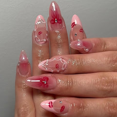 YICKYUE  -  24pcs Sweet Pink Press on Nails with Bow Lipstick Print French Fake Nail Tips Wearable Detachable Ins Simple Korean False Nails