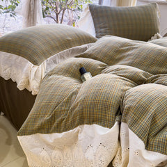 YICKYUE  -  2025 Korean Vintage Lace Bedding Set - 4PC Checkered Cotton w/ Romantic Trim | Barefoot Sleep Collection