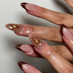YICKYUE   -  24pcs French tip nail autumn/winter fake nails Gold Circle detachable acrylic nail smut Gold star Brown nail press nail Y2K Girl