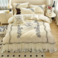 YICKYUE  -  Vintage Rose Flower Butterfly Lace Ruffles Princess Bedding Set 100S Egyptian Cotton Quilt/Duvet Cover Set Bed Sheet Pillowcases