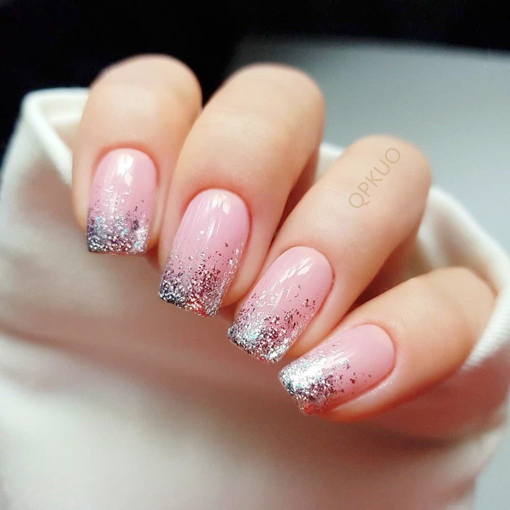 24Pcs Shiny Natural Press On French Fake Nails With Jelly Glue Glitter Long Square Artificial False Nail Tips DIY Manicure Tool