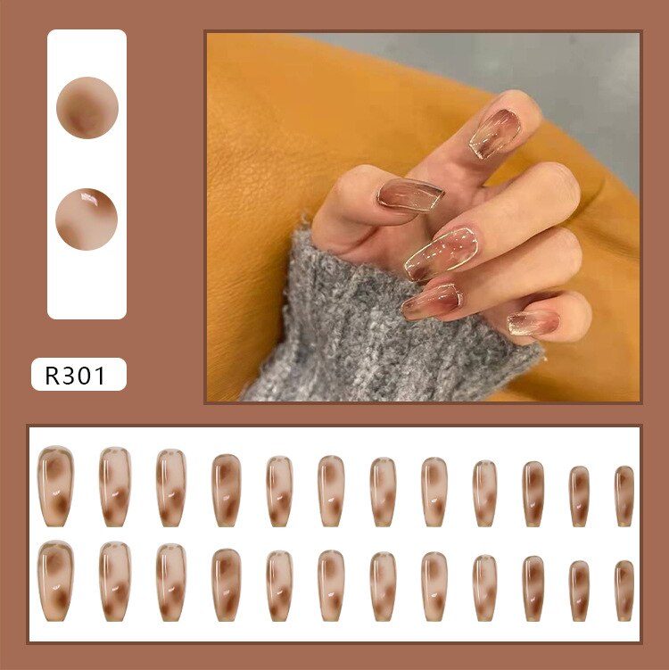 24Pcs/Box Smudged Amber Short Ballet Wearable Fake Nails Press on Square Head Full Cover Detachable Finished Fingernails