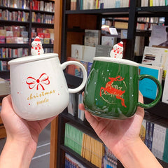 New 450ml Christmas Mug With Tree Elk 3D Sticker Spoon Cartoon Large Ceramic Water Breakfast Coffee Cup With Lid And Spoon Gift