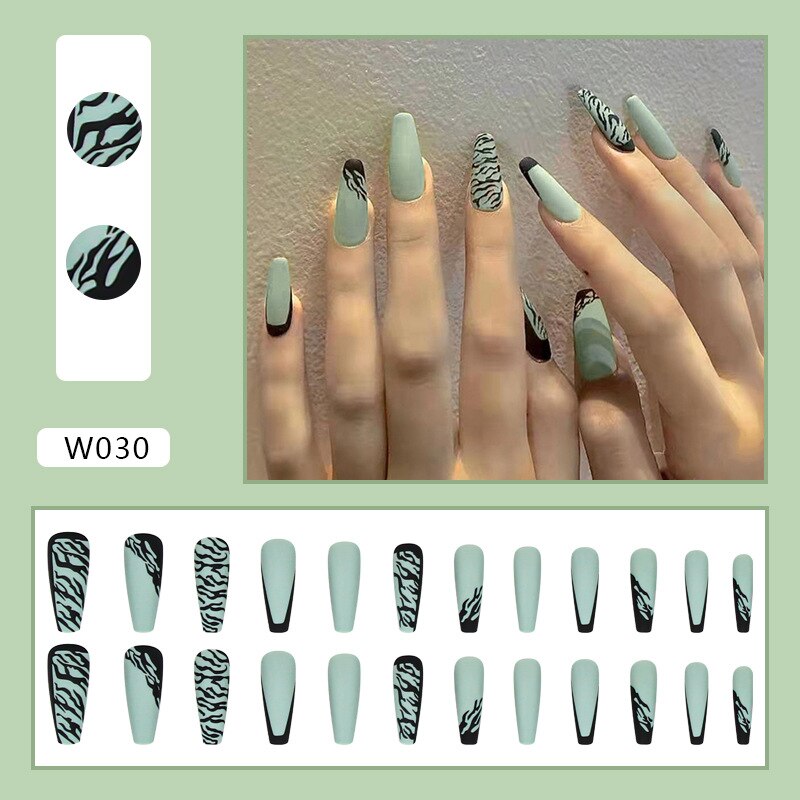 24PCS/Box Artificial Nails With Wearing Tools Green Lines Long Ballet Nail Fake Nail Tips Full Cover Acrylic 2022