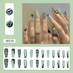 24PCS/Box Artificial Nails With Wearing Tools Green Lines Long Ballet Nail Fake Nail Tips Full Cover Acrylic 2022