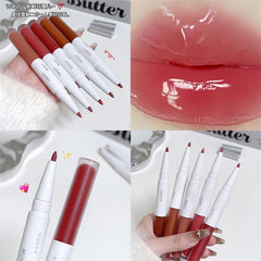 YICKYUE   -  2 in 1 Lip Glaze Lip Liner Pen Smooth Long Lasting Moisturizing Lipgloss Non-stick Cup Lipliner Pencil Water Glass Korean Makeup