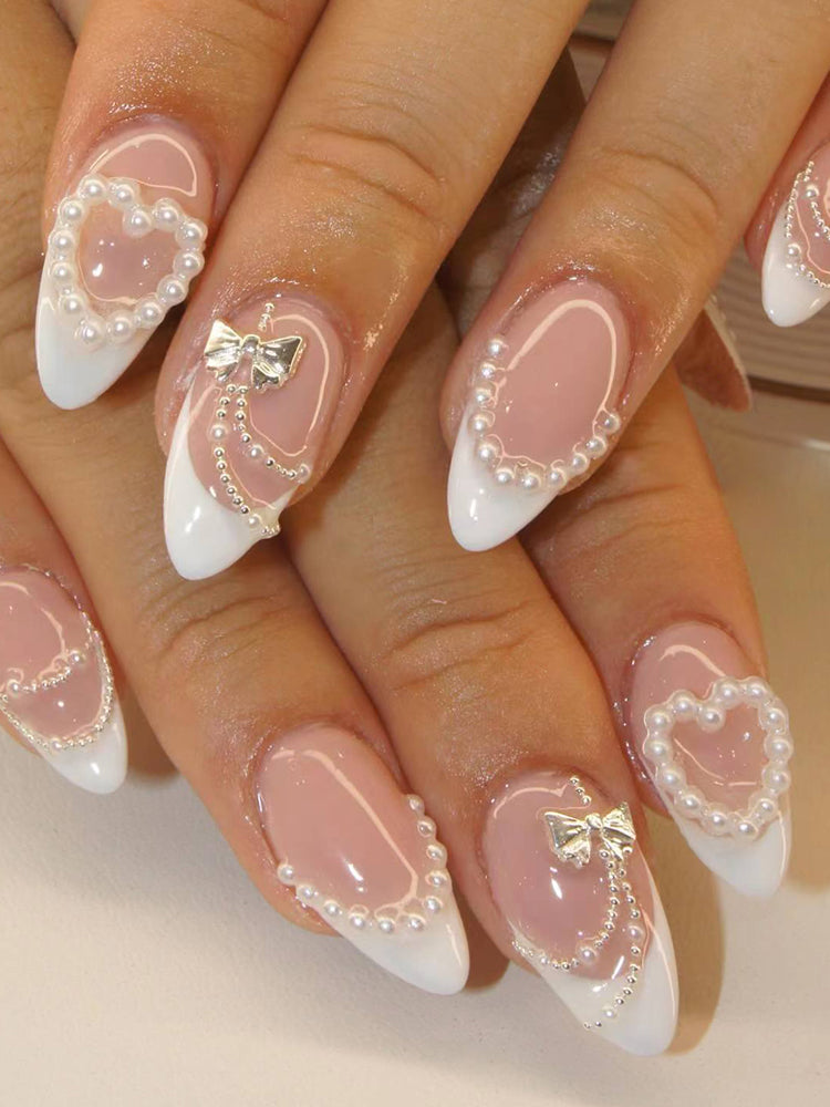 YICKYUE   -  24pcs/ box short medium almond nail, pointed nail, pearl white French love heart, press on nails, nail patch,removable nail wear
