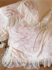 Yickyue Princess Long Stable Cotton Duvet Cover Set Four Piece Set French Flower Embroidery Quilt Cover Lace Bedding Set Bedsheets