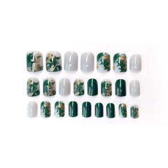 24pcs acrylic press on nails Green Blooming Nail-finished Stickers Women Fashion Retro Square Full Cover False Nail Patch TN