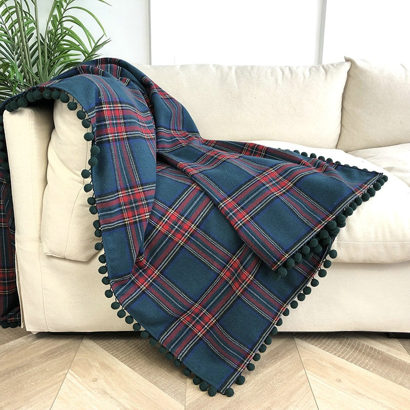 Yickyue Nordic Style Striped Plaid Blanket with Pompom Ball 120x150cm Autumn Winter Geometric Lattice Shawls Sofa Bed Throw Blankets