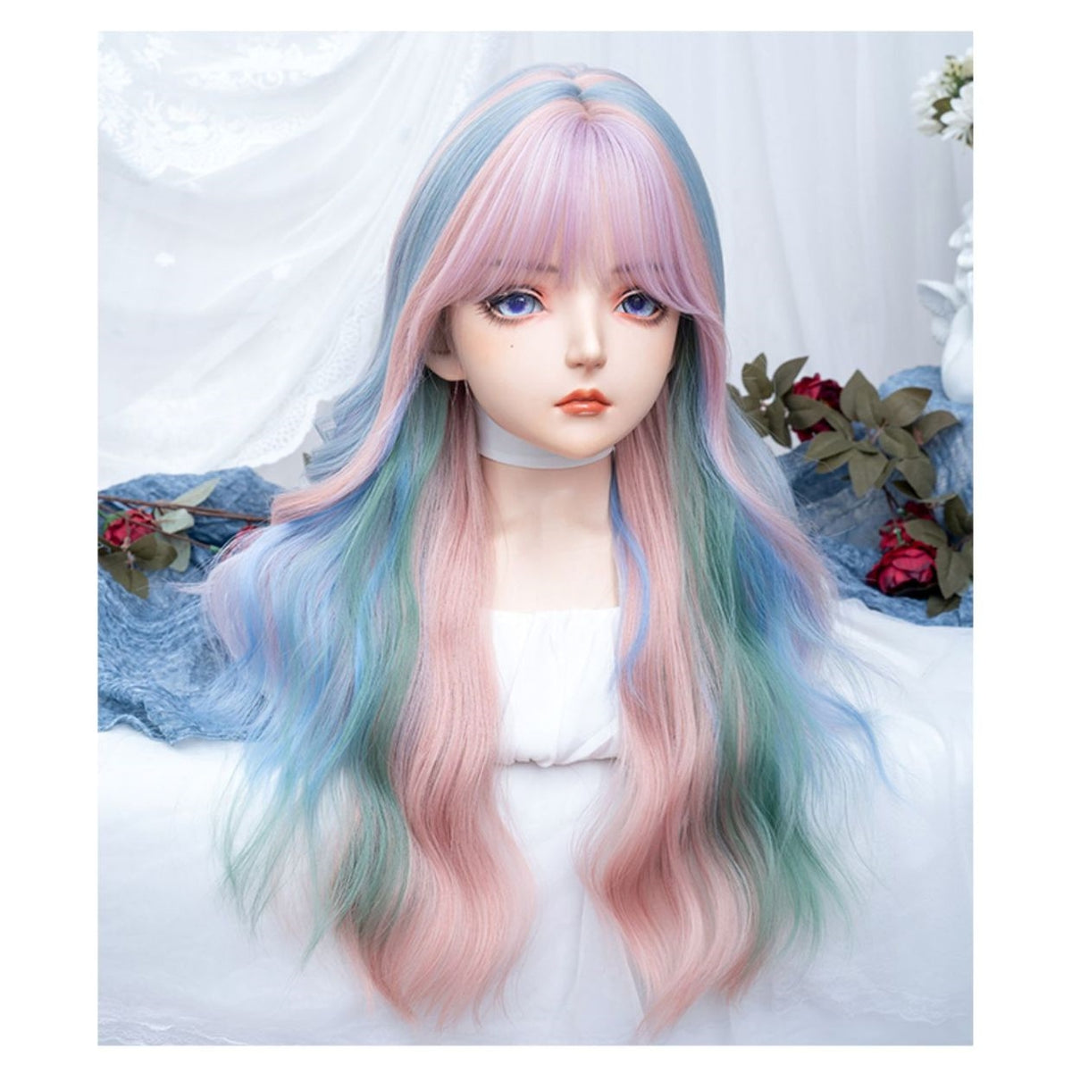 YICKYUE  -  26 Inch Iridescent Rainbow Color Multicolour Synthetic Wigs with Bang Long Water Wave Hair Wig for Women Cosplay Heat Resistant