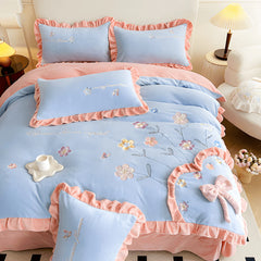 Yickyue - Aesthetic Embroidery Warm Milk Velvet Duvet Cover Bedding Set