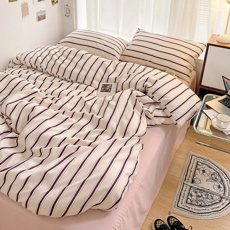 Yickyue INS Blogger Bed Sheets Set Bedding Sets Stripes Duvet Cover Set Quilt Cover Quilt Sets Queen Size Comforter Sets Bed Linen