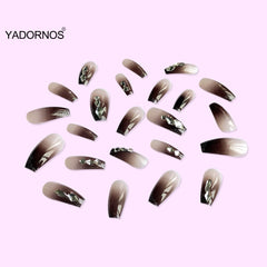 Press On Nails Brown With Rhinestones Design Stick On Nail Full Cover Finished Nails Piece Sweet Style With Jelly Gel 24pcs Ty