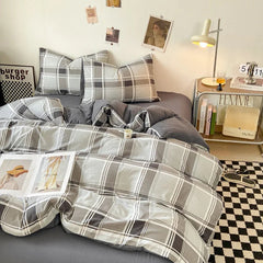 YICKYUE  -  Plaid Print Duvet Cover Sets 3 Piece, Japanese Bedding Set for Adult Teenagers Grey Geometric Grid Comforter Covers Home Decor