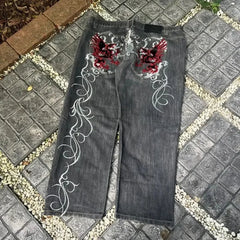 Hearujoy  90s Streetwear Vintage New Fashion Harajuku Pattern Black Embroidered Baggy Jeans Y2K High Street Casual Gothic High Waisted Wide Leg Trousers