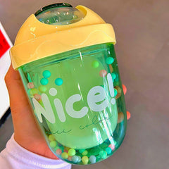 300ml Cartoon Cute Straw Water Bottle Double-layer Straw Cup Gliding Lid Cup Transparent Straw Plastic Drinking Bottle Water Cup