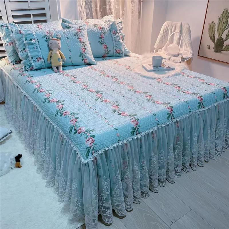 French elegant Princess style Ruffle Lace Bed Skirt Pillow shams soft 100%Cotton Farmhouse Floral Quilted Bedspread 3/5pcs