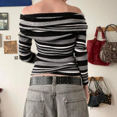 YICKYUE  -  Autumn/Winter New Fashion Women's Striped Contrast Color Line Neck Spice Girl Shoulder Slim Sweater Casual Streetwear Y2k